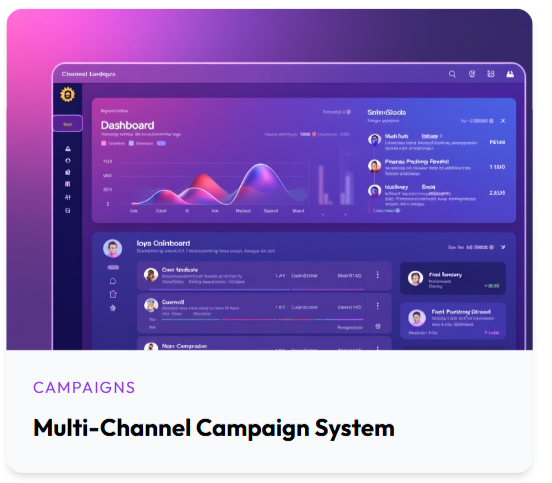 Screenshot of a dashboard labeled 'Multi-Channel Campaign System' with graphs, user lists, and campaign data on a purple background.