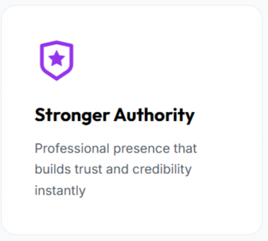 Icon of a purple shield with a star, above the text 'Stronger Authority' and a description about building trust and credibility.