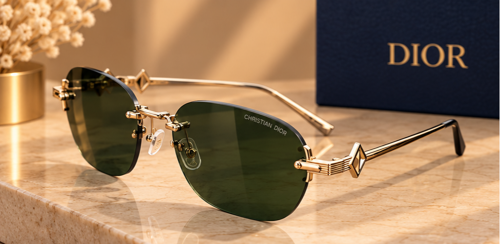 Dior – Lunettes de soleil ovales sans monture vertes et dorées