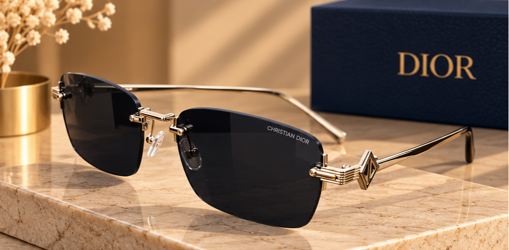 Dior – Lunettes de soleil sans monture noires et dorées