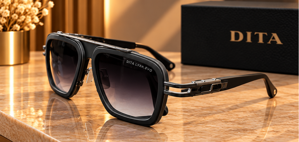 DITA – Lunettes de soleil carrées noires aux verres dégradés et détails métalliques