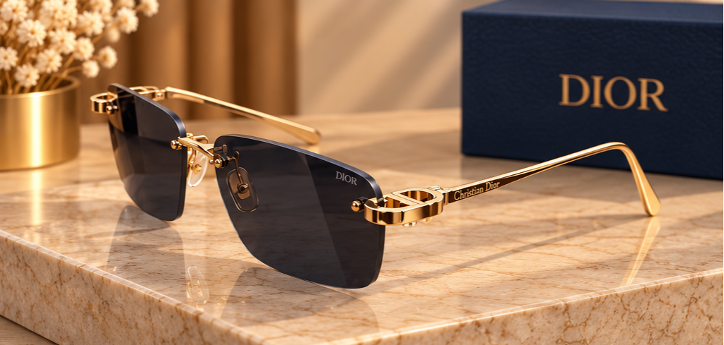 Dior – Lunettes de soleil rectangulaires sans monture noires et dorées