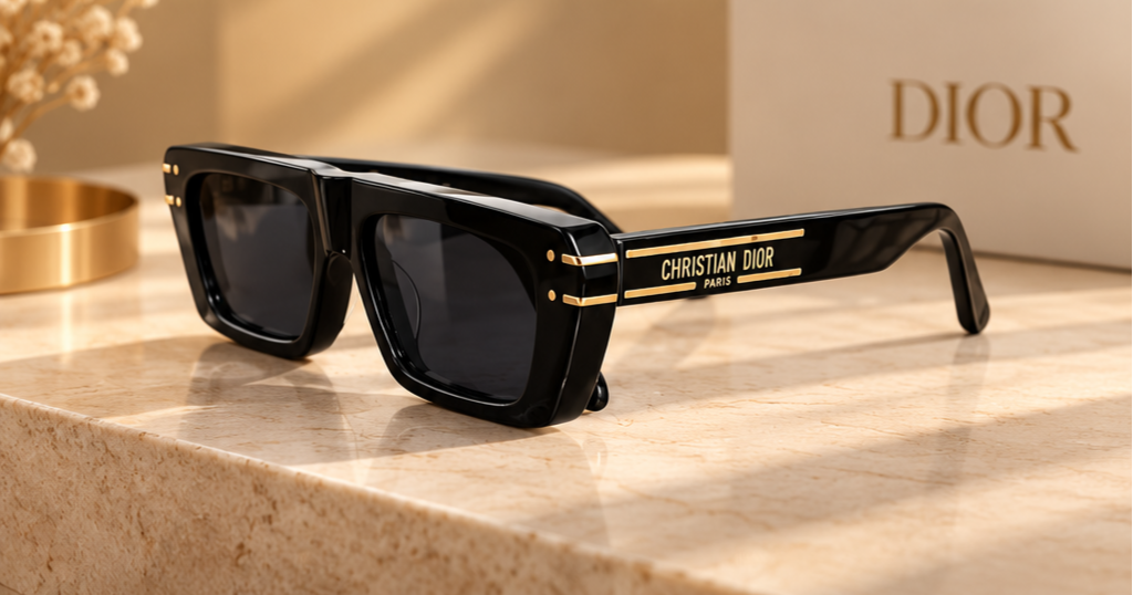 Dior – Lunettes de soleil rectangulaires noires à détails dorés