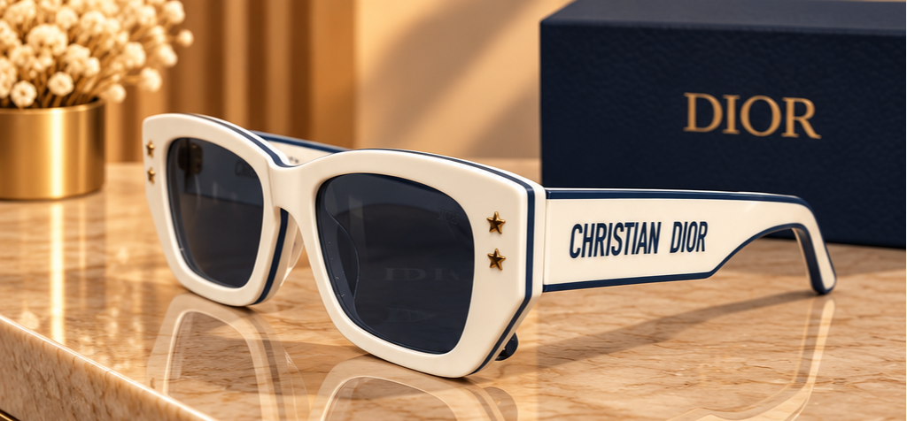 Dior – Lunettes de soleil blanches et bleu marine à étoiles dorées