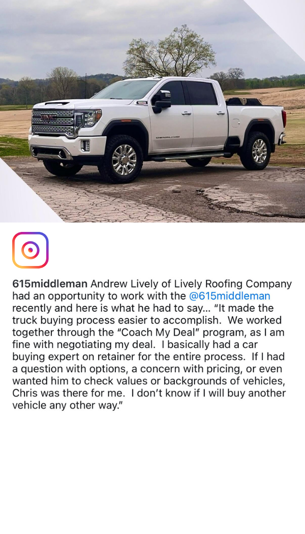 A white GMC pickup truck parked on a country road with fields and trees in the background. The image includes an Instagram post testimonial praising a car buying service by Andrew Lively of Lively Roofing Company.
