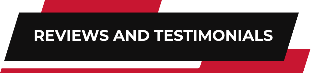 "Reviews and Testimonials" text on a black and red banner