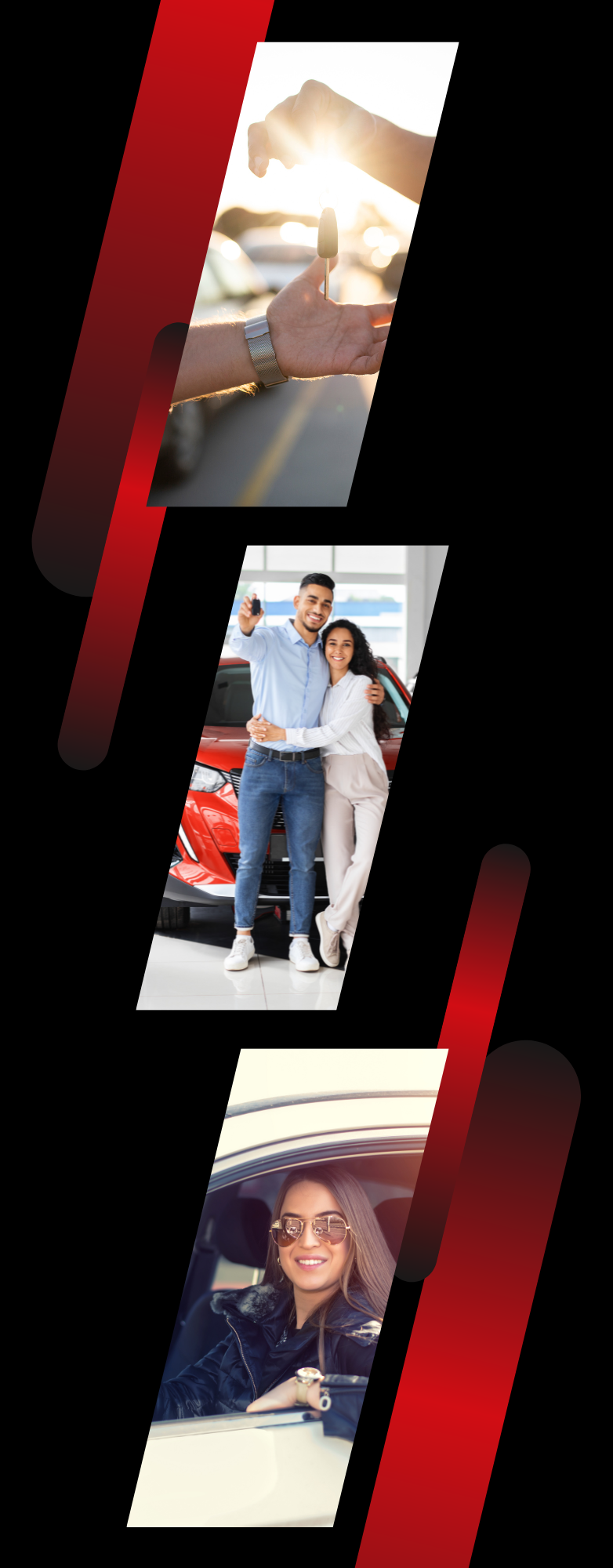 Collage of car ownership: person receiving car keys, couple with a new car, woman driving.