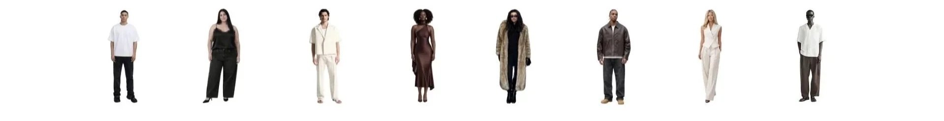 A lineup of nine diverse models showcasing various casual and semi-formal outfits in different styles and colors.