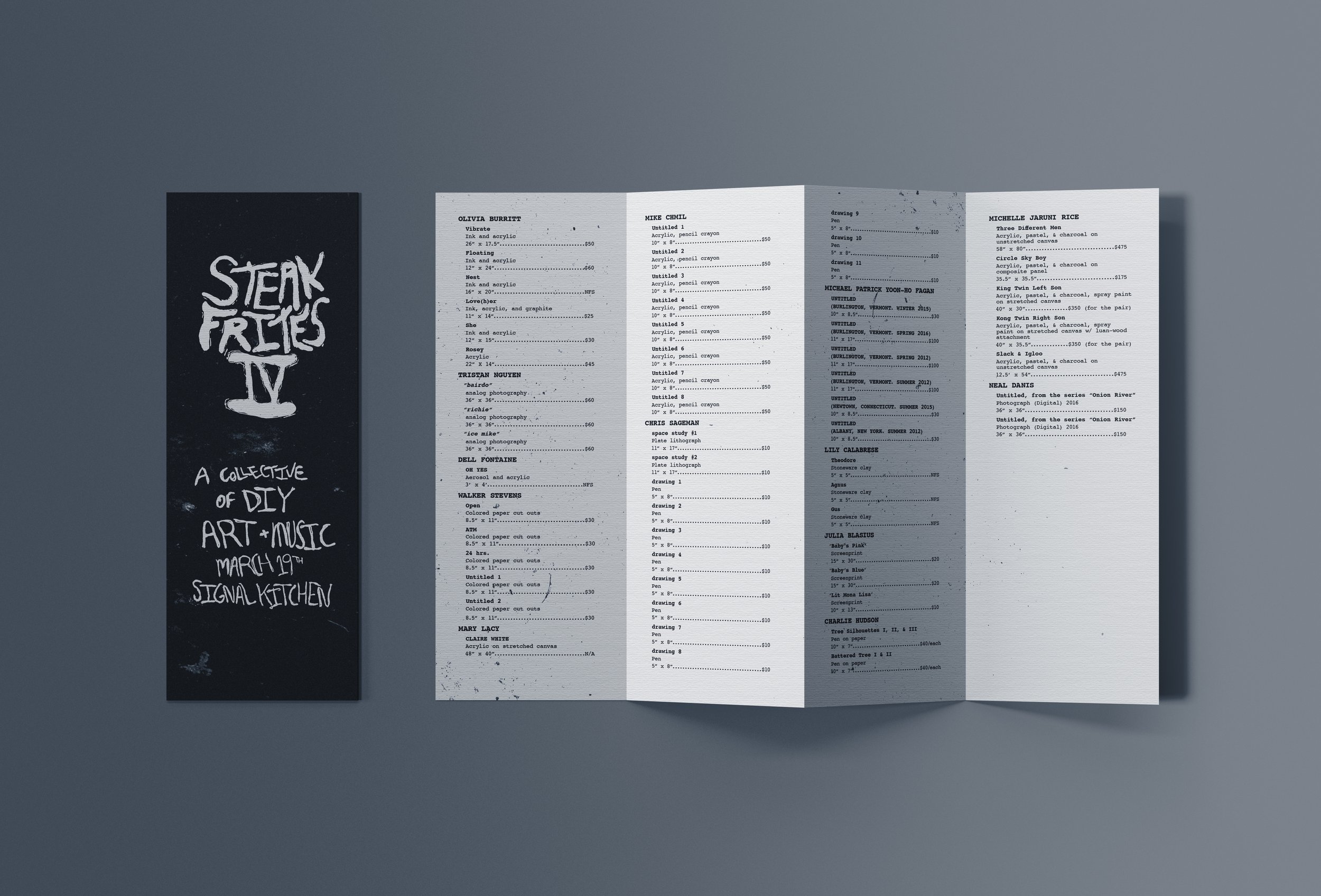 Cover and spread of "Menu" style gallery guide for Steak Frites 4 Art Show by Signal Kitchen, sponsored by Sticky Brand and Sierra Nevada Brewing