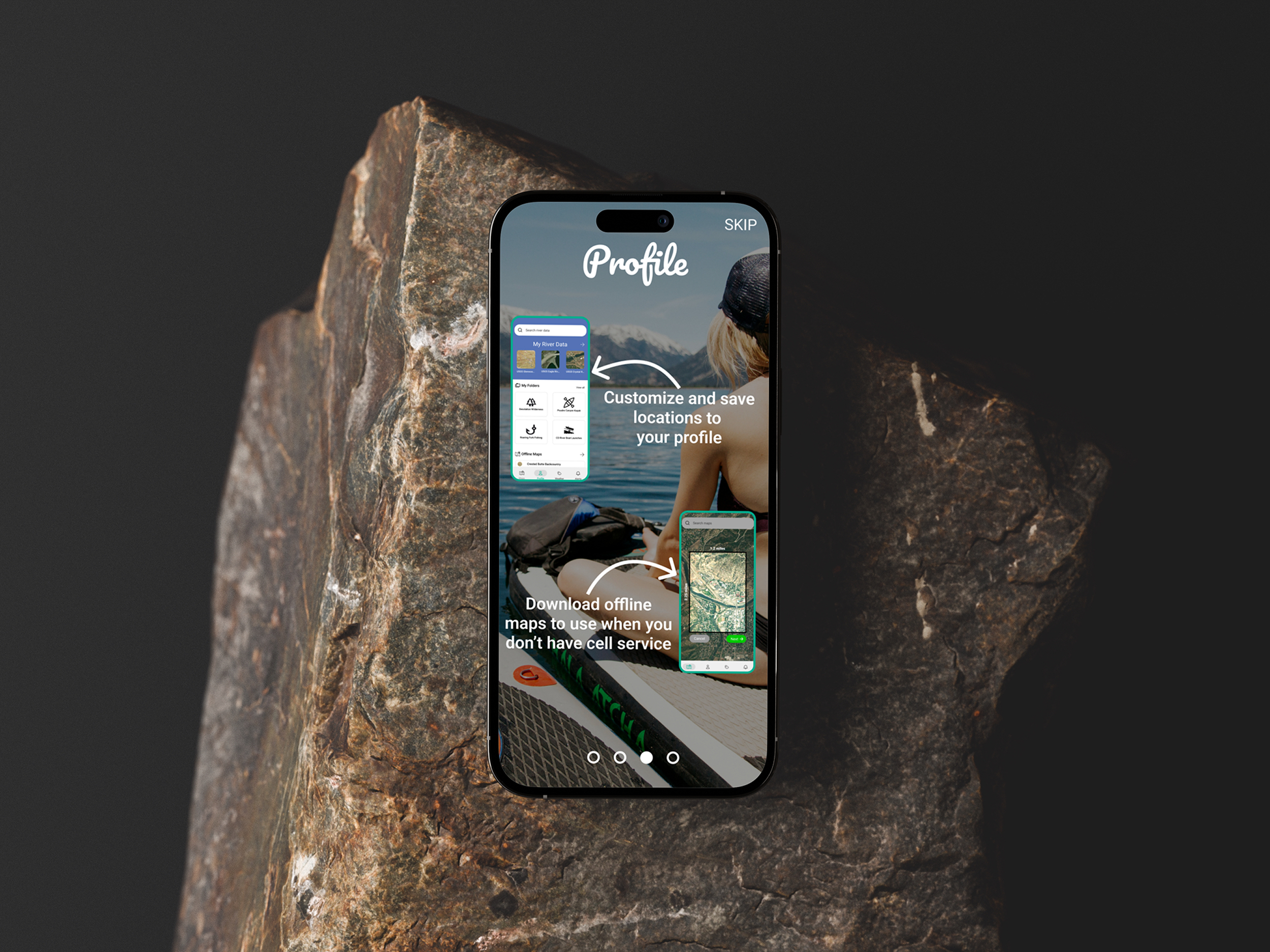 iPhone mockup positioned on a textured rock surface (Mockuuups Studio).png