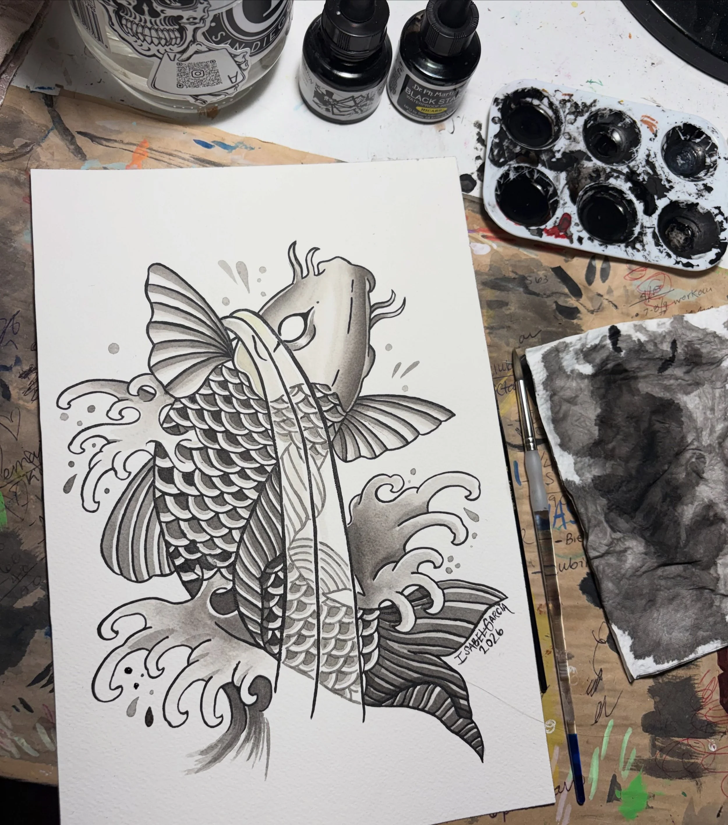 Mastering the art of swimming upstream 🌊 ⛓️ ✨
India ink on arches 
&bull;
&bull;
&bull;
&bull;
#koifish #illustration #painting #blackandgrey #spitshading