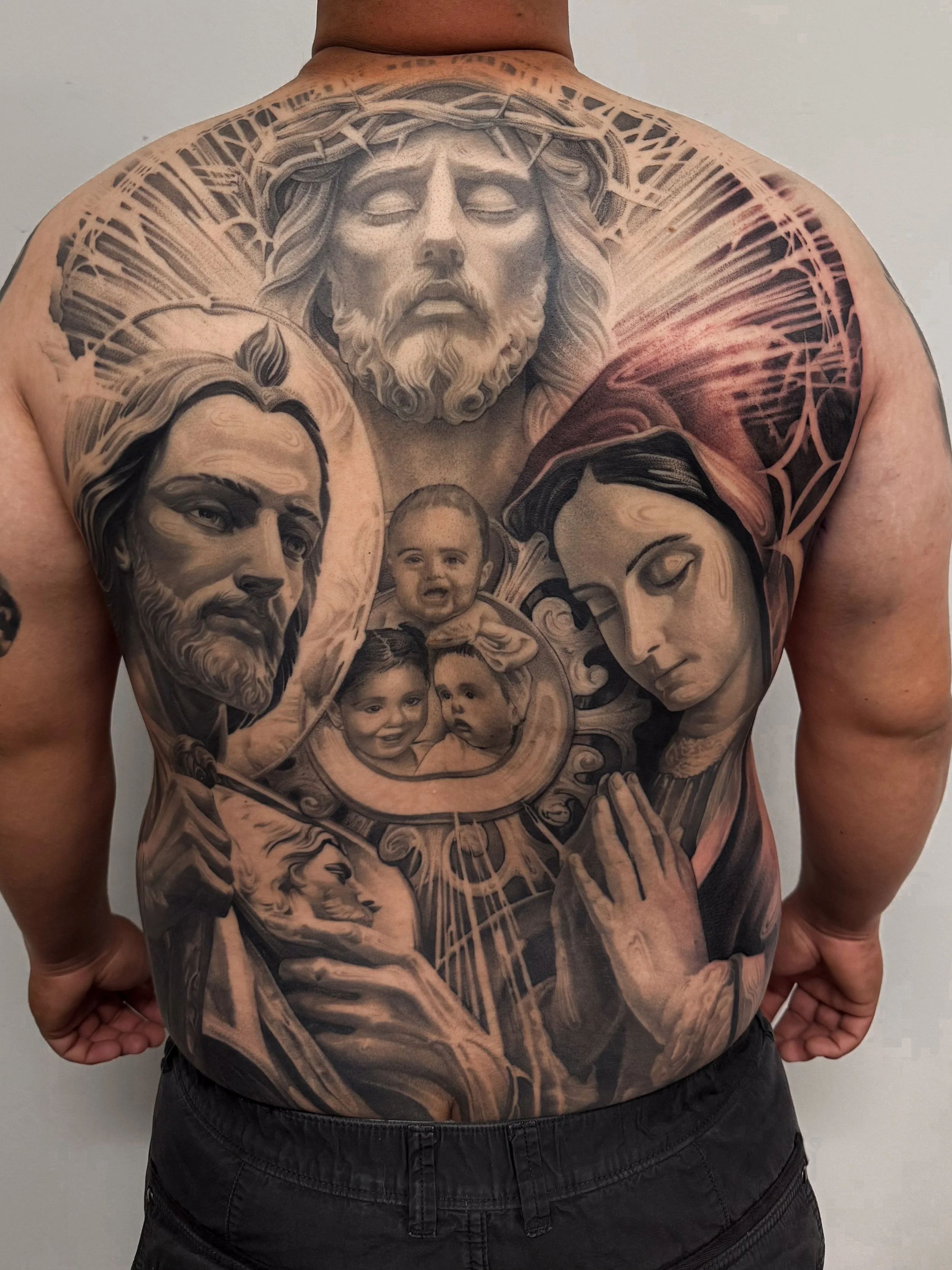 black and grey religious tattoo created in South Park San Diego