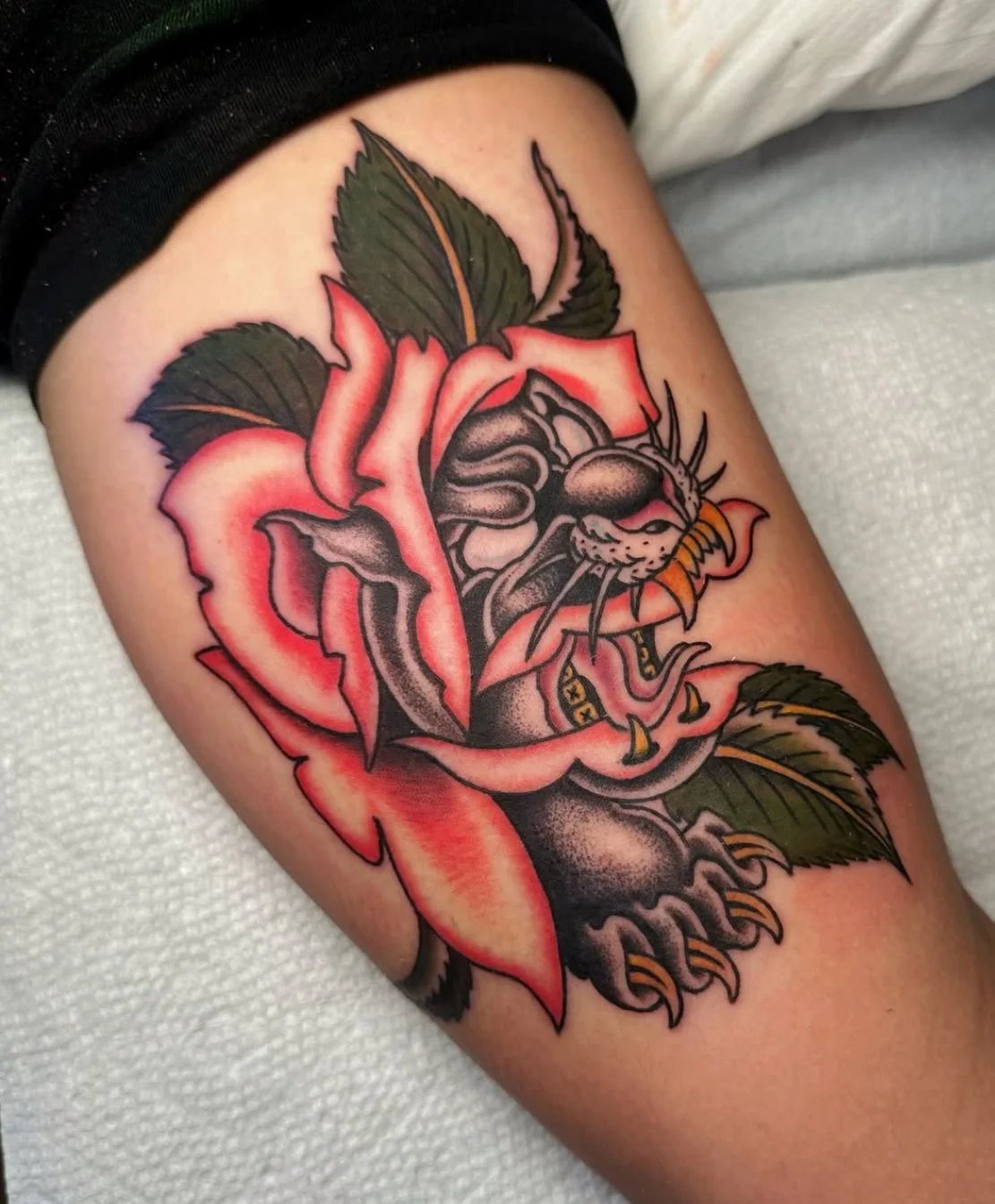 Traditional  panther tattoo with bold linework done in San Diego