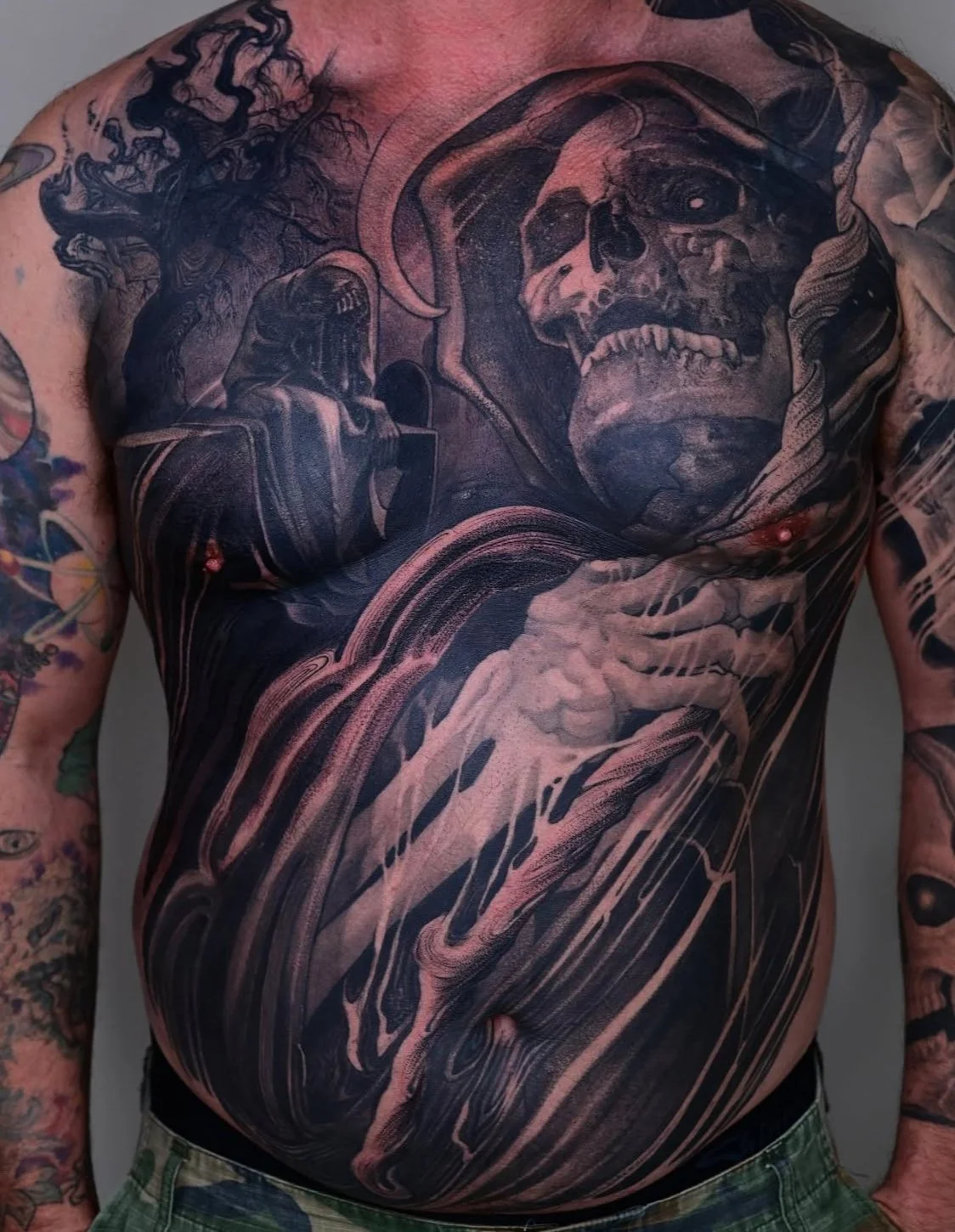 black and grey reaper tattoo created in South Park San Diego