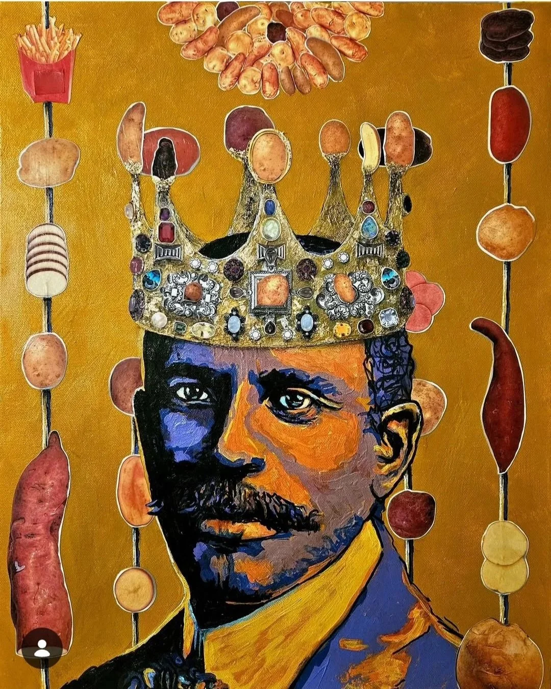 "The Potato King", 2025, acrylic paint, collage, ink, gold leaf on stretched canvas, 24"x18". On permanent display as part of "Horticultural Heroes" at the New England Botanic Garden at Tower Hill, Boylston, MA.