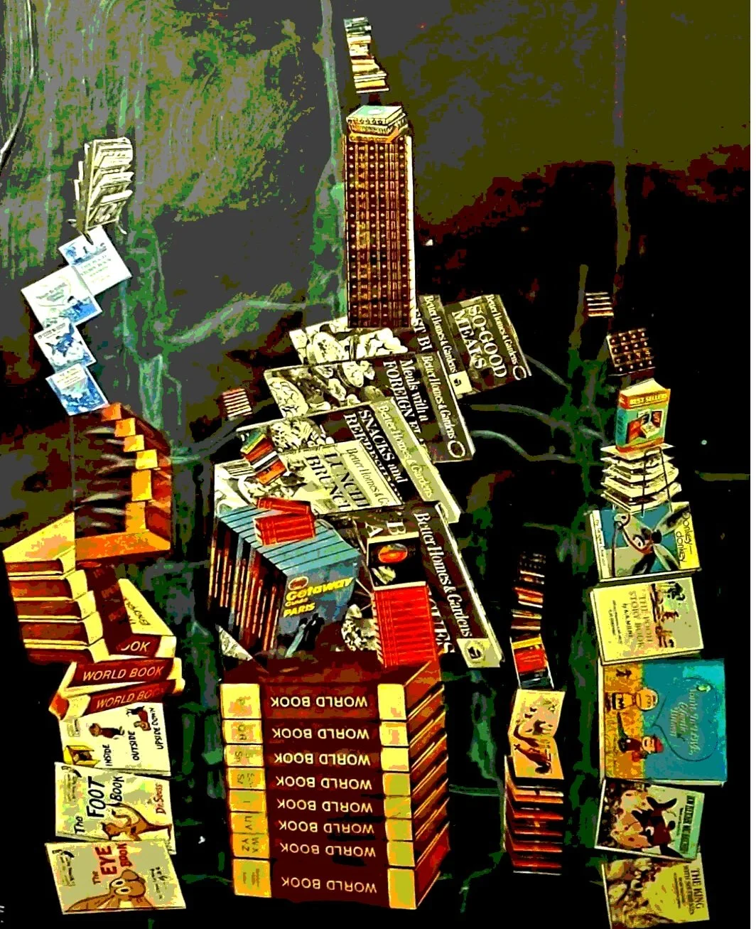 "Symmetrical Book Stacking", 2022, collage and acrylic paint on paper, 24"x18"