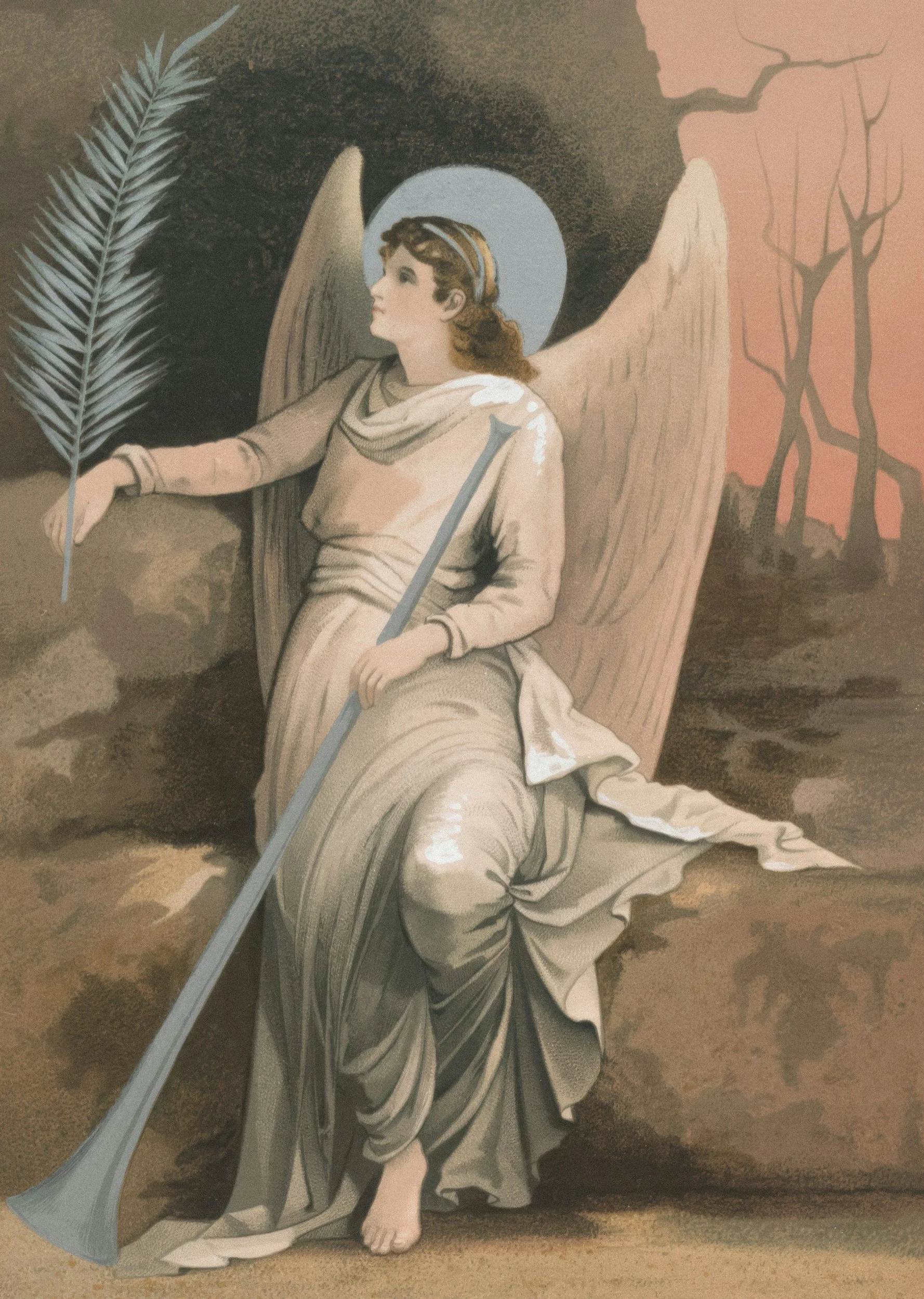 A stylized illustration of an angel with brown hair, a halo, and beige clothing, sitting on a rock with large wings, holding a palm branch, with a dark background and a pinkish sky with bare trees.