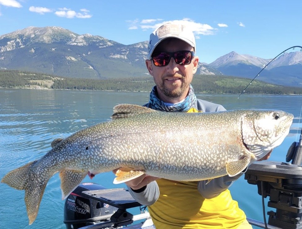 Fisherman holding large lake trout mountainous background 