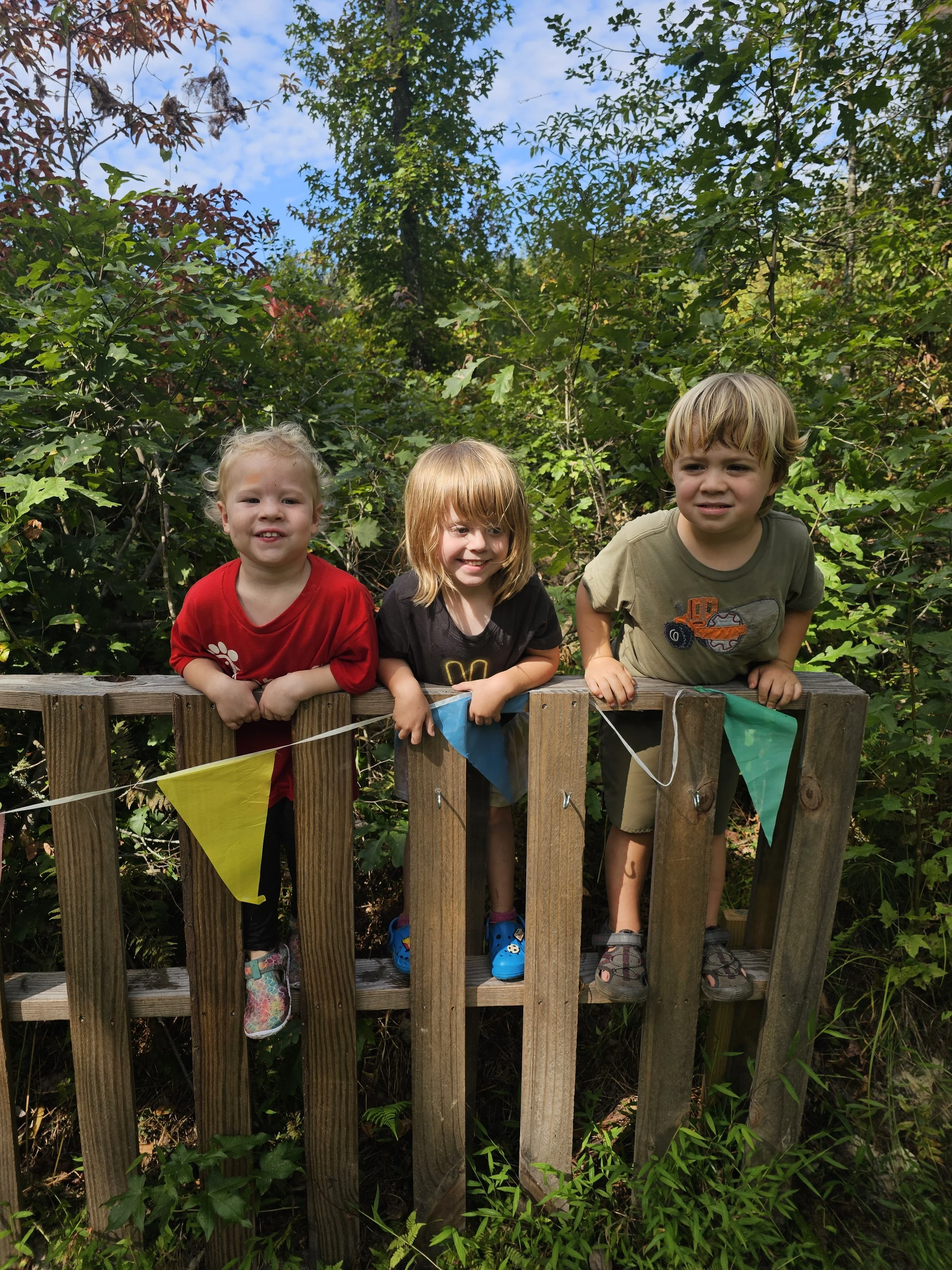 Three young children leaning on a wooden fence decorated with colorful pennant flags, outdoors in a wooded area.