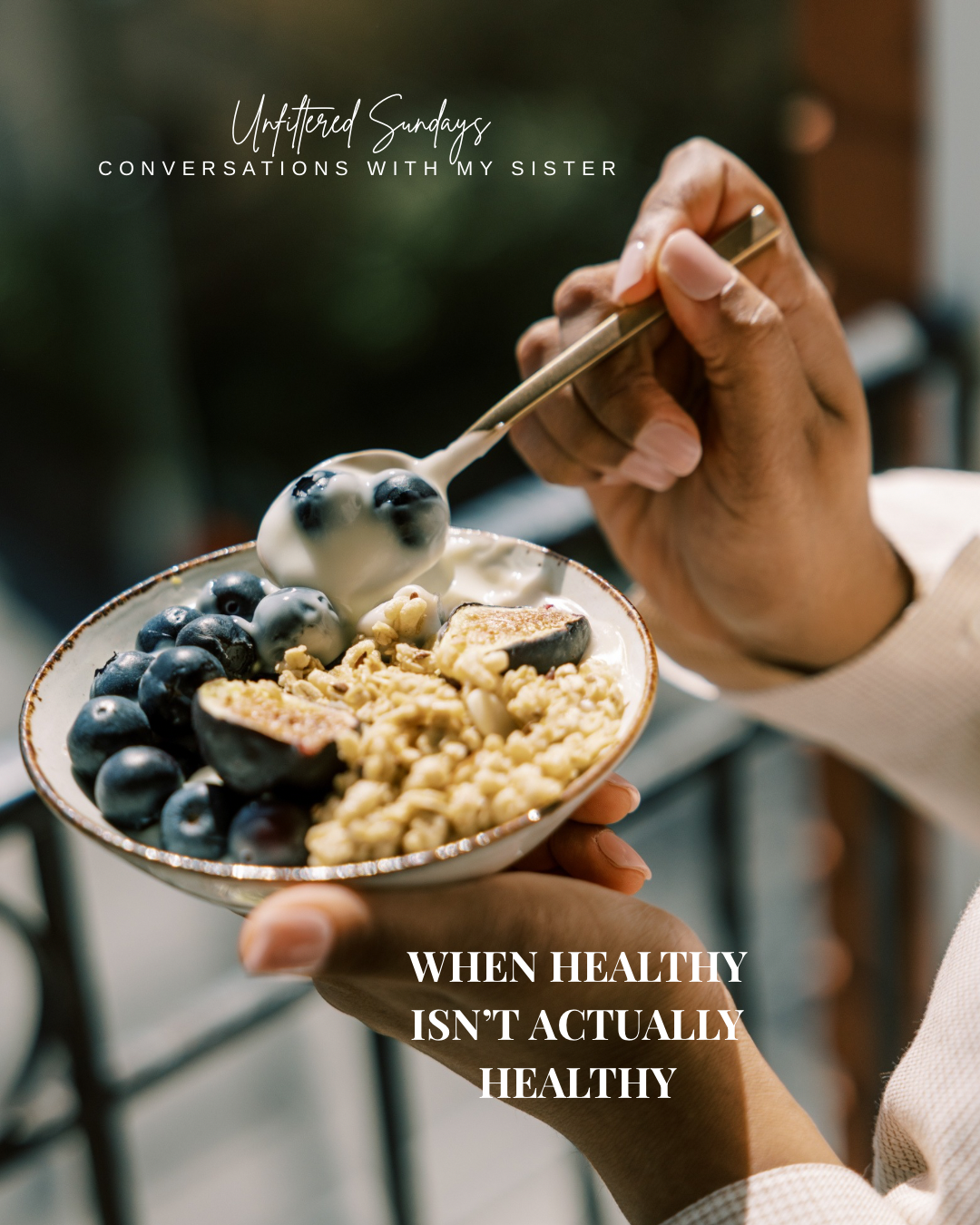Midlife wellness coach discussing how overeating healthy foods like yogurt, granola, nuts, and honey can stall weight loss and impact metabolism for women over 40.