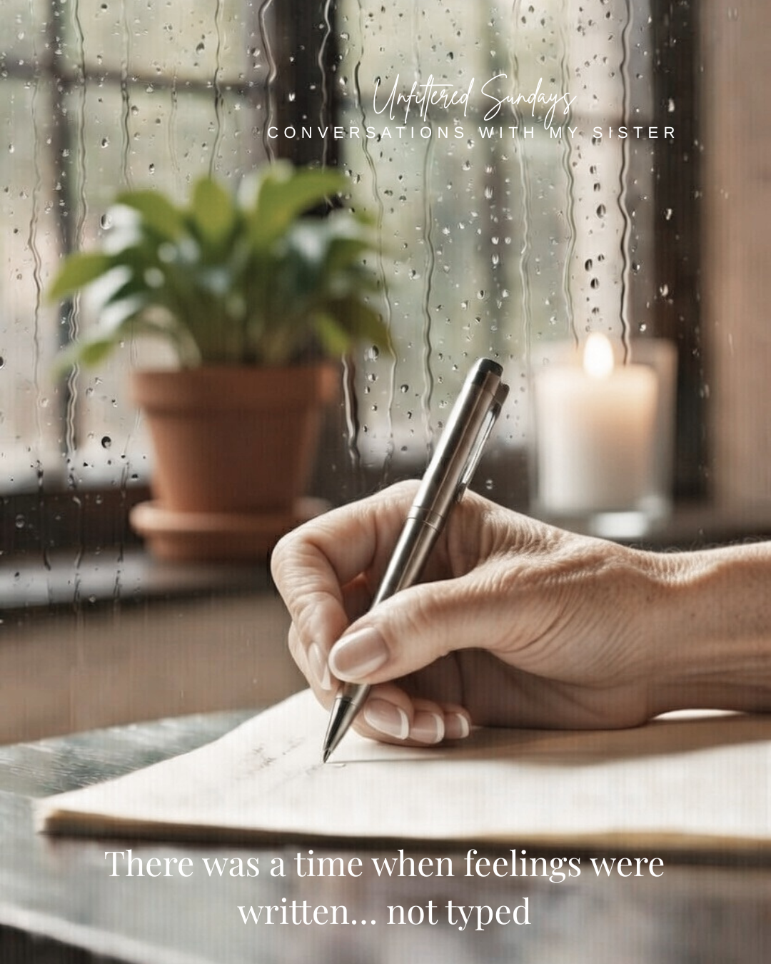 Woman writing by hand in a notebook by a rainy window with a candle, reflecting on the fading ritual of handwritten letters in the digital age.