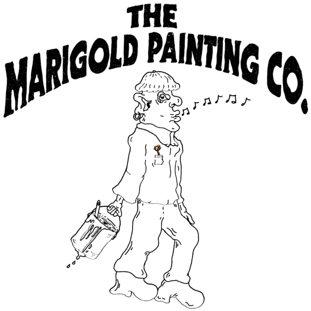 Illustration of a house painter carrying a paint bucket, standing under a rainbow-shaped sign that reads 'The Marigold Painting Co.' with musical notes nearby.