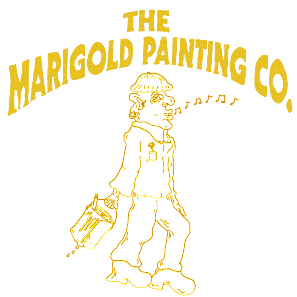 Yellow logo for The Marigold Painting Co., featuring a line drawing of a person with a paint bucket and a hat, with musical notes coming from their mouth.