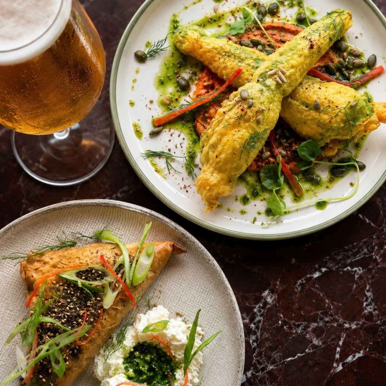 Hero dishes this month&hellip;Ricotta filled Courgette flowers and the Spanakopita with whipped feta. #yeschef