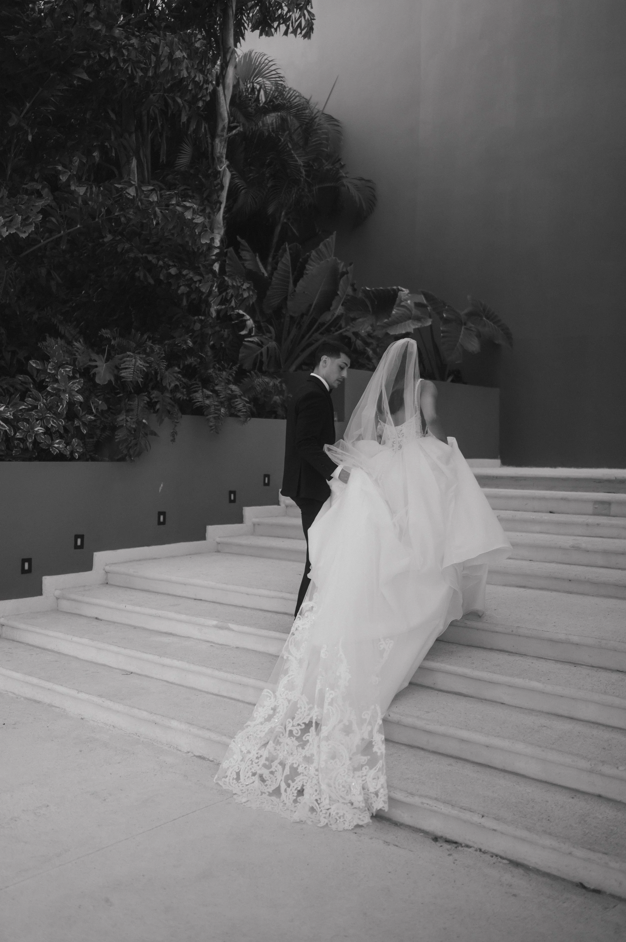 A bride in a wedding dress with lace details and a long train is dancing with a groom in a tuxedo on white stairs. They are near a large potted plant and a wall with a lush green garden area behind them.