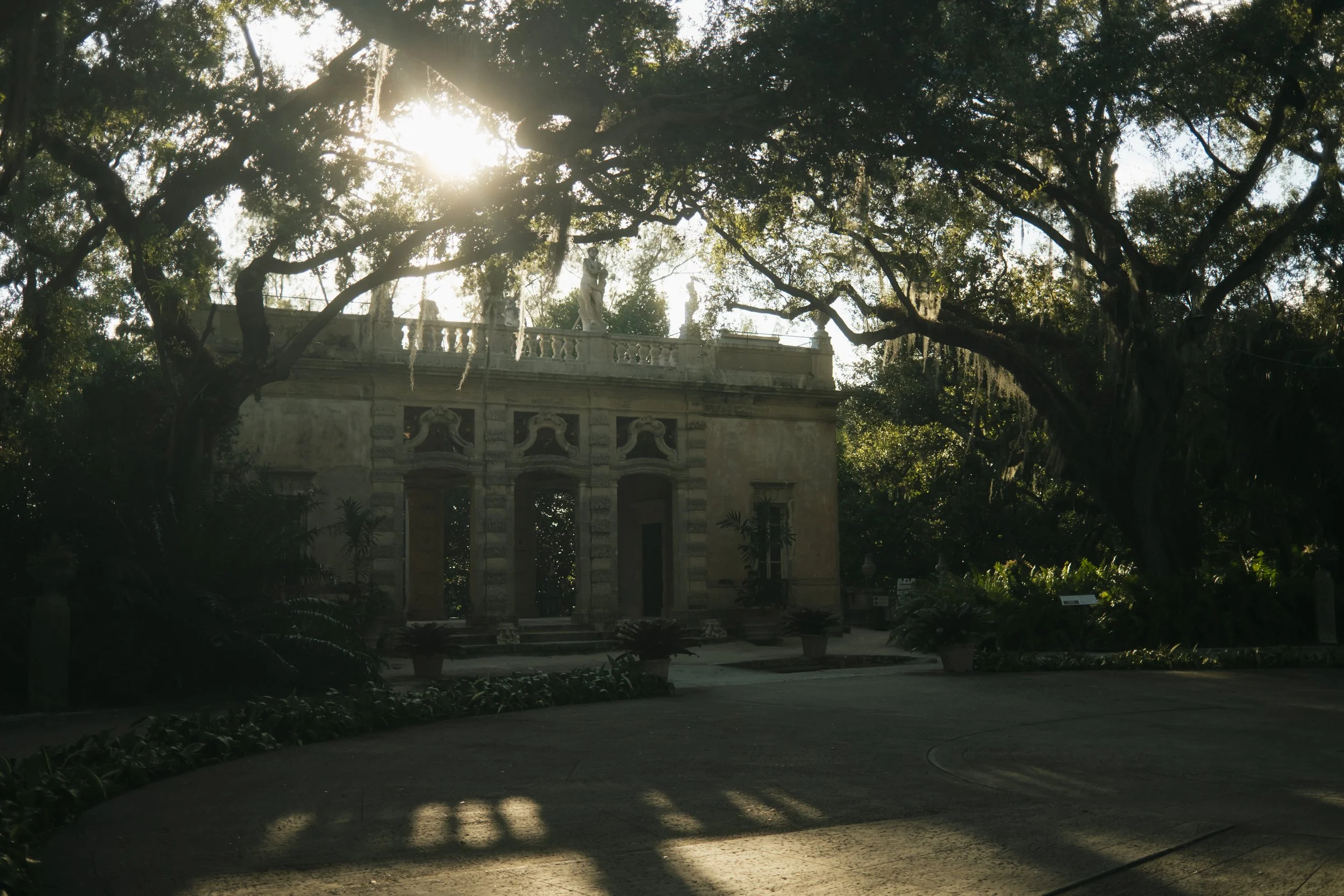 Sunlight filtering through large tree branches over a historic building with statues and ornate architecture, surrounded by greenery.