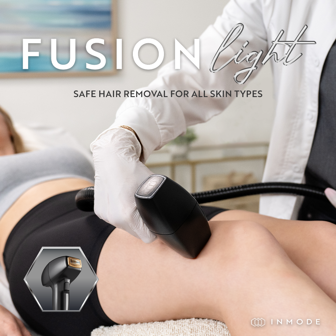 A person receiving safe laser hair removal on their thigh with a professional using a handheld device. The background shows a relaxing clinic setting.