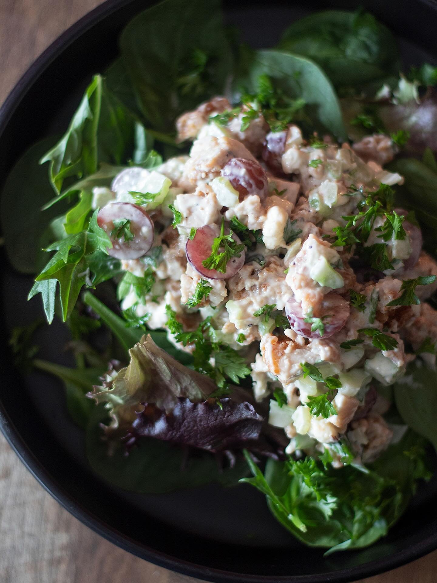 Summer heat getting you down? Cool off and lighten up with a fresh take on fried chicken: Our Picnic Fried Chicken Salad combines our signature chopped fried chicken, tossed with red grapes, diced celery, crumbled blue cheese, and the lightest whispe