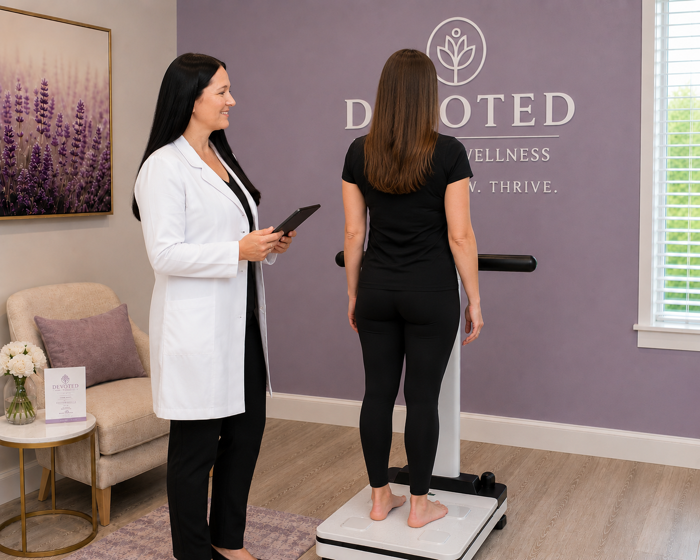 A woman standing on a health scale while a healthcare professional takes notes. The scene is in a wellness center with purple and beige decor.
