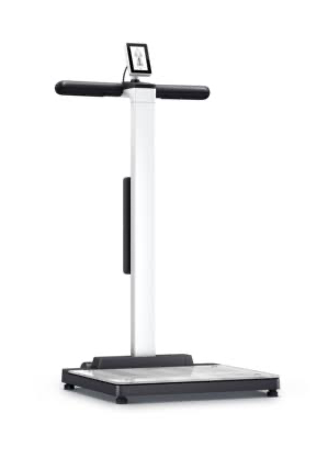 A digital standing fitness platform with a vertical display screen and handrails.