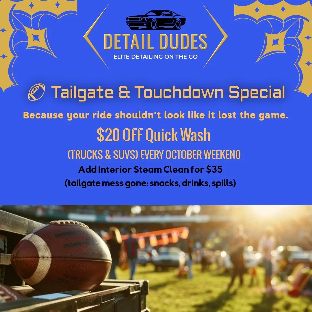 🏈🔥 Who&rsquo;s ready for kickoff? 🔥🏈
Pull up to the tailgate in a ride that looks as good as your game-day fit. 🍻🍔
Our Tailgate &amp; Touchdown Special will have your car shining brighter than the stadium lights. ✨🚙
Don&rsquo;t fumble this dea
