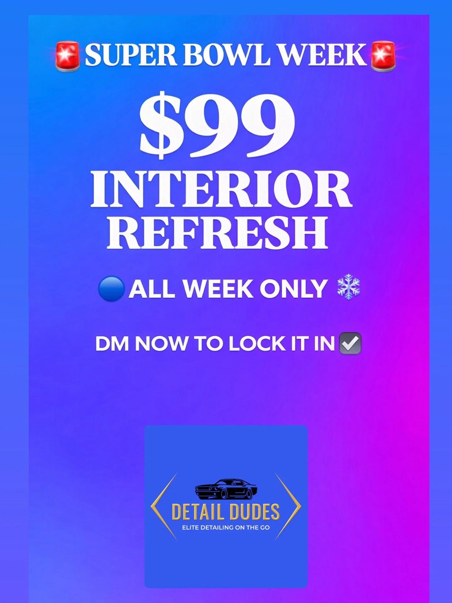 🚨 Super Bowl Week 🚨
$99 Interior Refresh &mdash; all week only
Limited spots
DM now ✅

#detail #cleancar #superbowlsunday