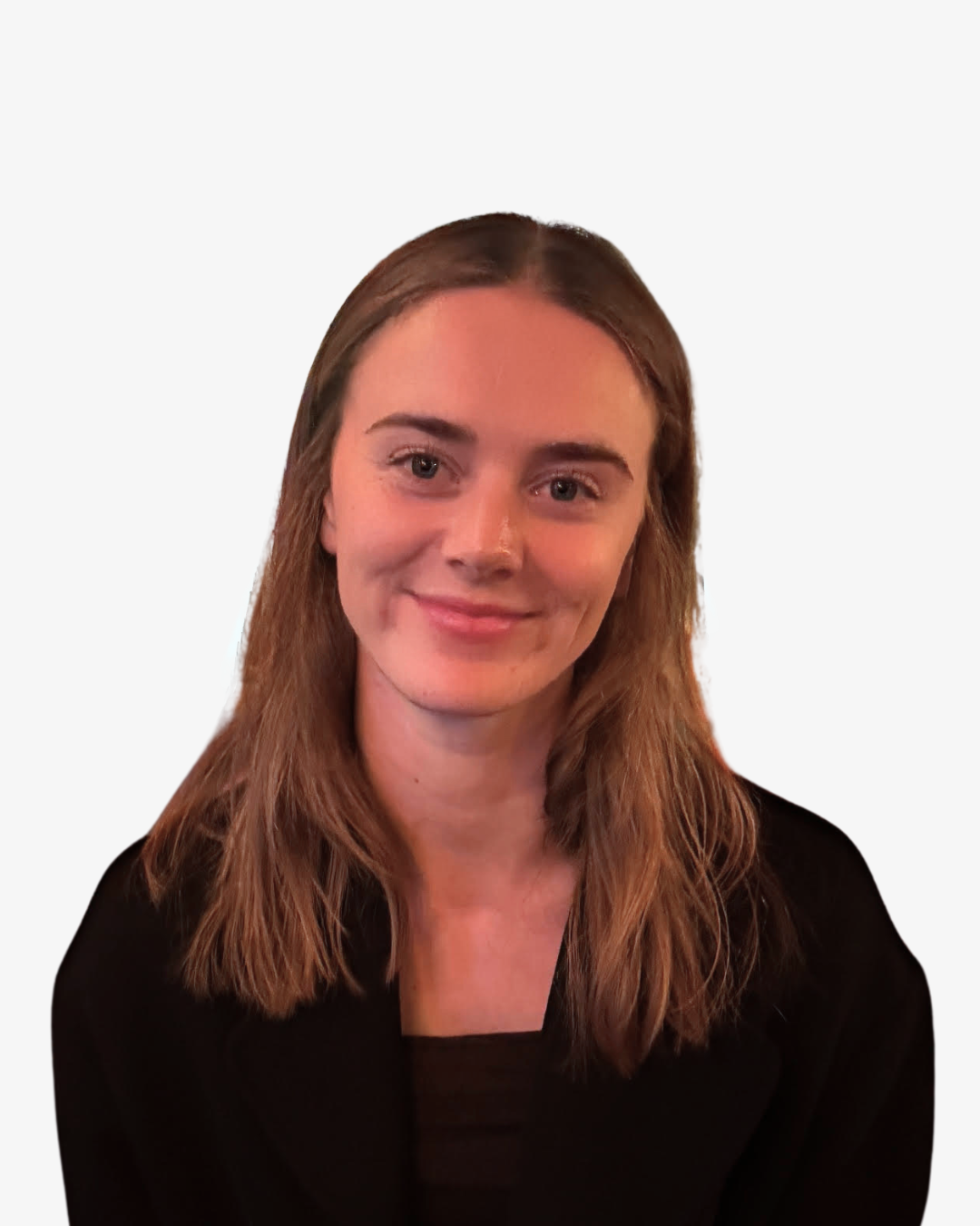A young woman with shoulder-length light brown hair, smiling, wearing a black top, against a plain white background.
