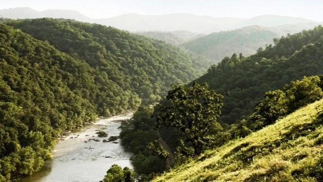 Lush green forested mountains with a river flowing through the valley.