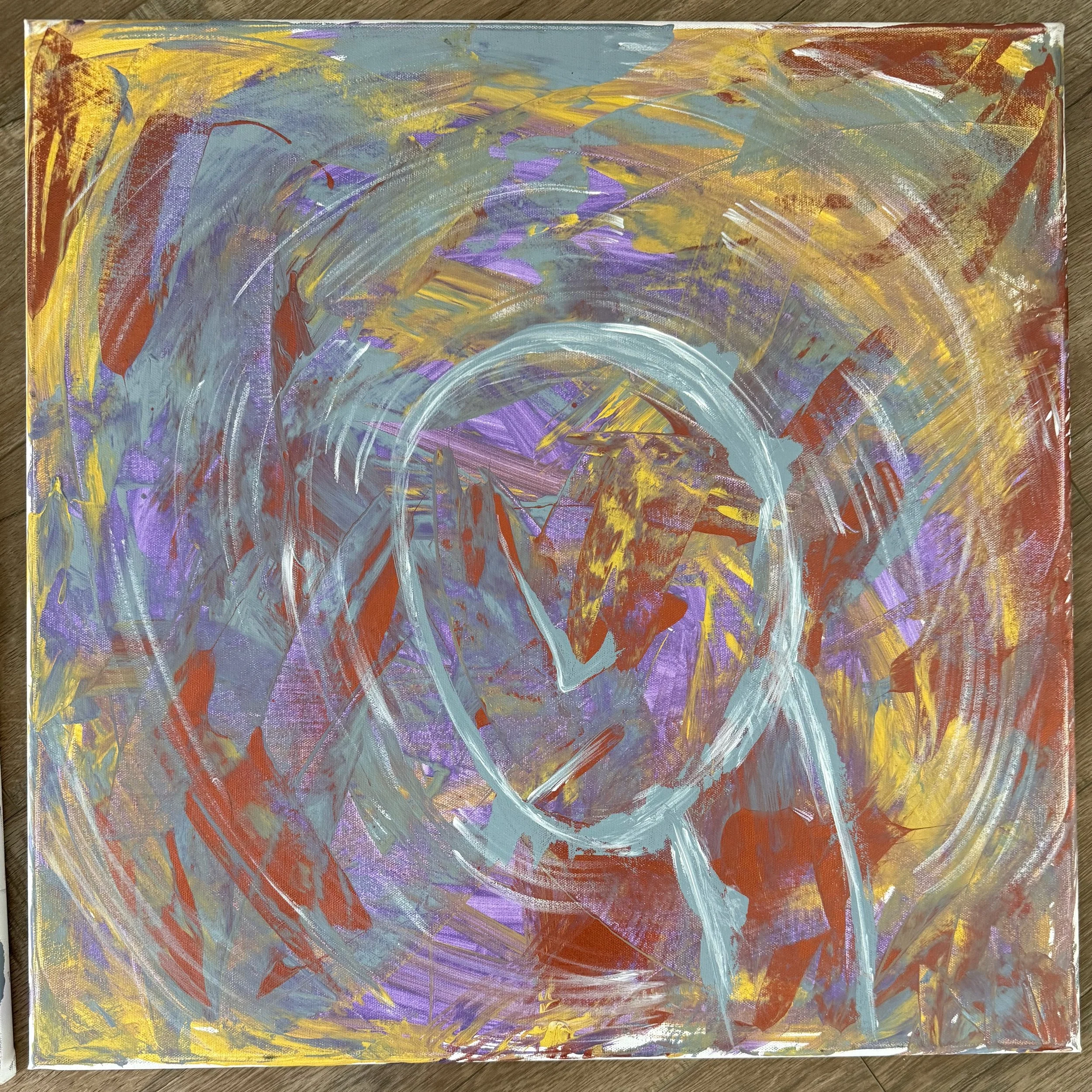 Abstract painting with swirling brushstrokes in purple, yellow, red, gray, and orange colors.
