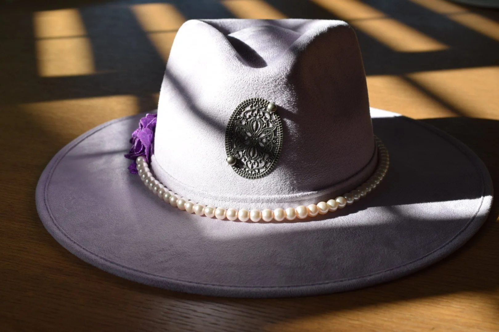 Lavender Bloom Fedora Hat — Handcrafted Floral Hat with Pearl Band