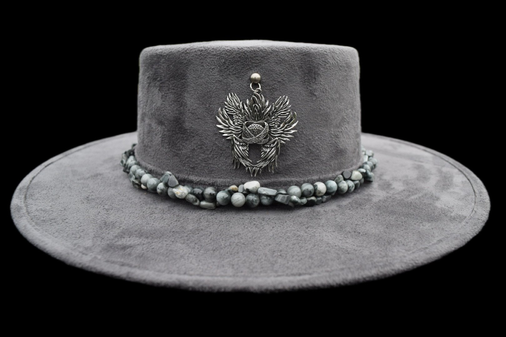 Seraph Guardian Fedora Hat — Grey Felt Hat with Natural Eagle Eye Stone Band