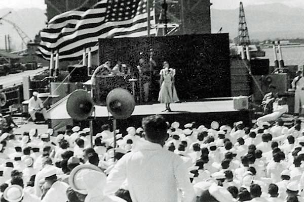 Ann Blyth performing for the crew of the USS Wisconsin on Easter Sunday in Pearl Harbor