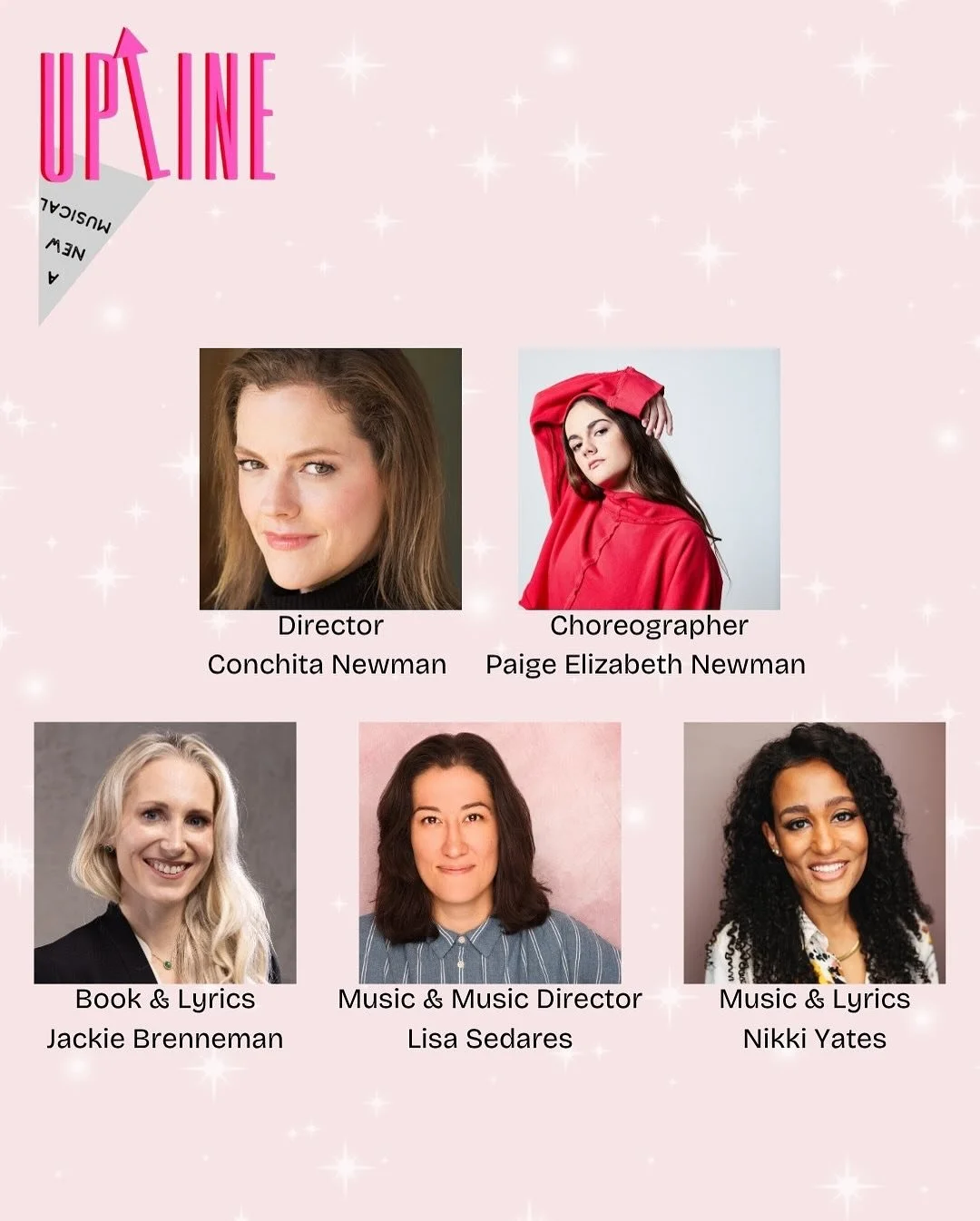 ✨ Meet Team Dream ✨
The creative minds behind UPLINE

💖 Conchita Newman - Director 
💖 Paige Elizabeth Newman - Choreographer
💖Jackie Brenneman - Book &amp; Lyrics
💖 Lisa Sedares - Music &amp; Music Director 
💖 Nikki Yates - Music &amp; Lyrics 

