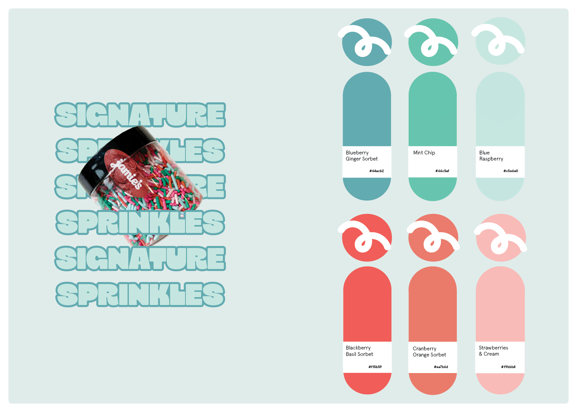 Graphic showing different signature sprinkles and their colors with labels and hex codes, along with a container of sprinkles with the label 'jamie's' on it. The word 'SPRINKLES' is repeated in the background.