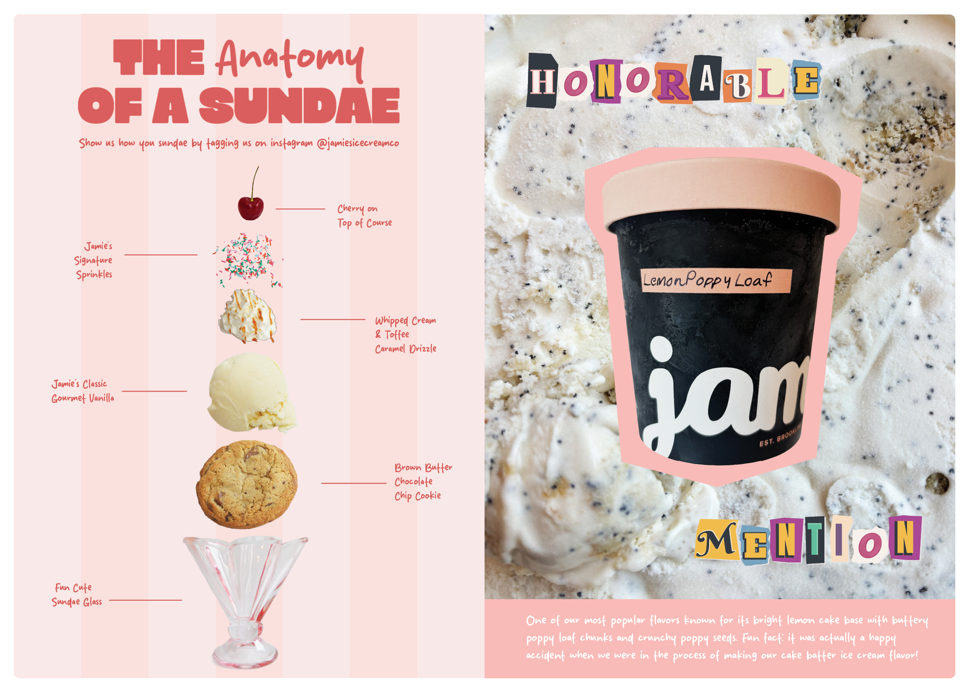 An infographic titled 'The Anatomy of a Sundae' illustrating a cherry, colorful sprinkles, whipped cream and toffee caramel drizzle, vanilla ice cream, a cookie, and a sundae glass on the left side. The right side shows a black ice cream cup labeled 'Lemon Poppy Loaf' with the word 'Honorable' in colorful letters above and 'Mentions' below. The background features a close-up of cookies and cream ice cream.