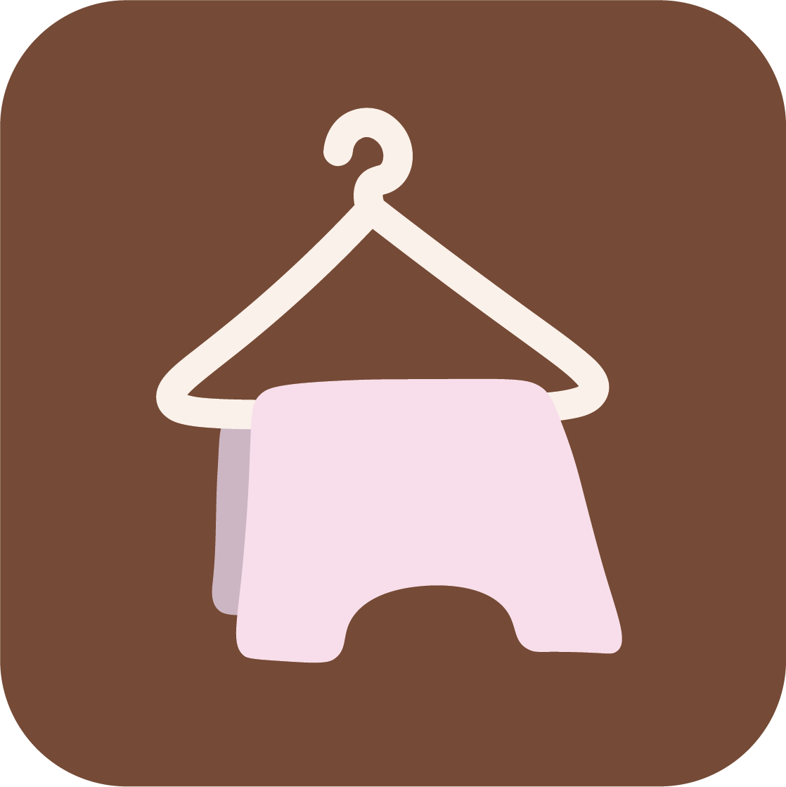 Illustration of a pink garment on a white hanger, hanging on a hook against a brown background.