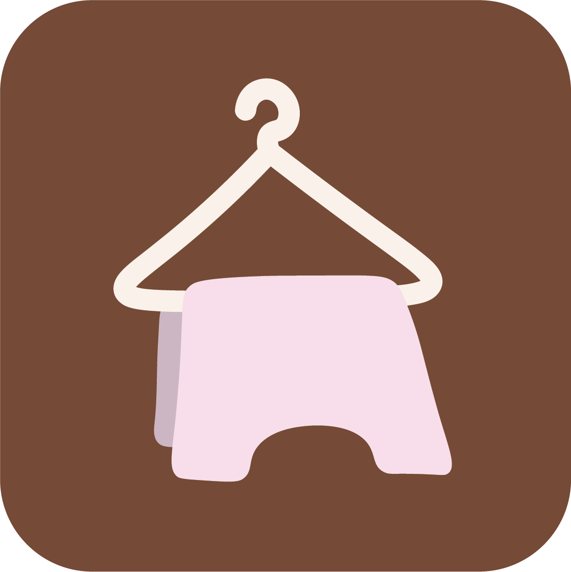 Graphics of a clothes hanger with a pink garment hanging on it, set against a brown background.