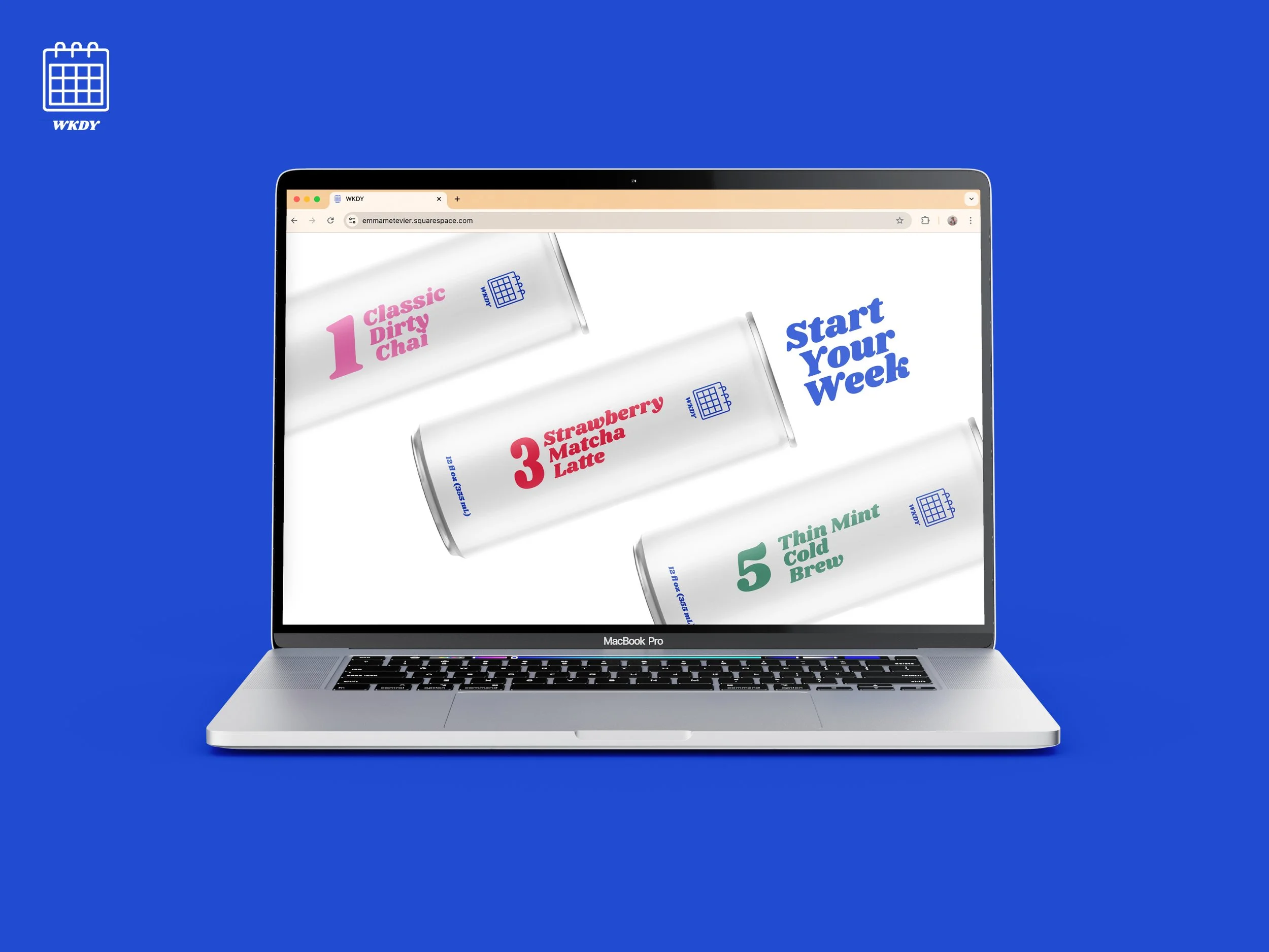 Laptop displaying colorful beverage cans with numbers and flavors against a blue background, with the phrase 'Start Your Week'.