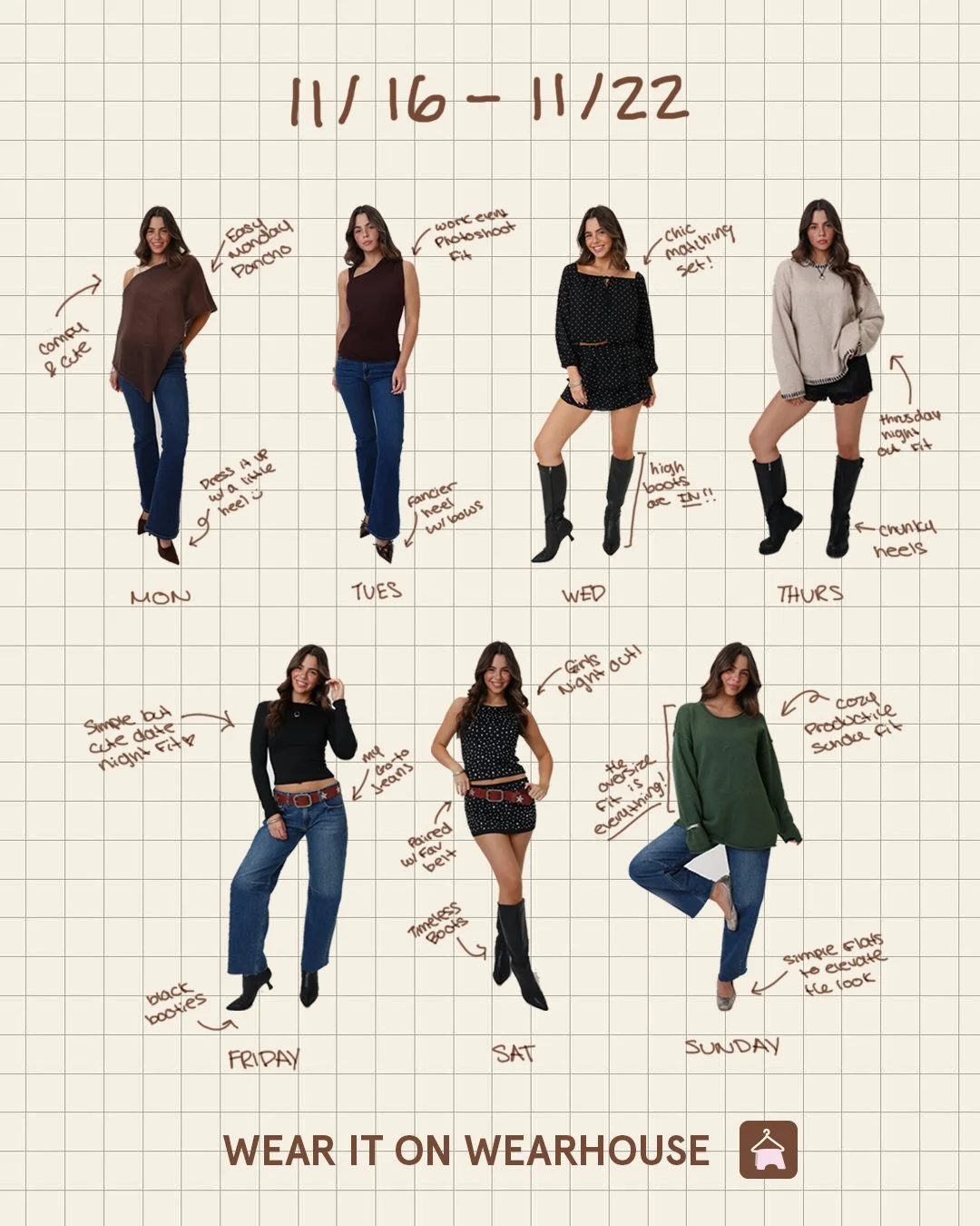 A collage of women showcasing outfit ideas for each day of the week, with handwritten notes and dates from November 16 to November 22, 2023, and the caption 'Wear it on Wearhouse'.