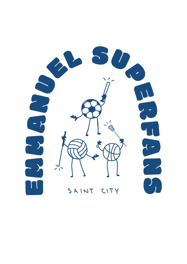 Logo for Emerald Superfans featuring three ball-shaped characters with arms and legs, one with a soccer ball head, with the text 'Emerald Superfans' arched above and 'Saint City' below.